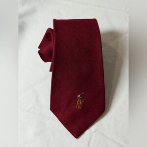 Polo Ralph Lauren 100% Linen Made by Hand Rich Red Horse Logo Embroidered Tie